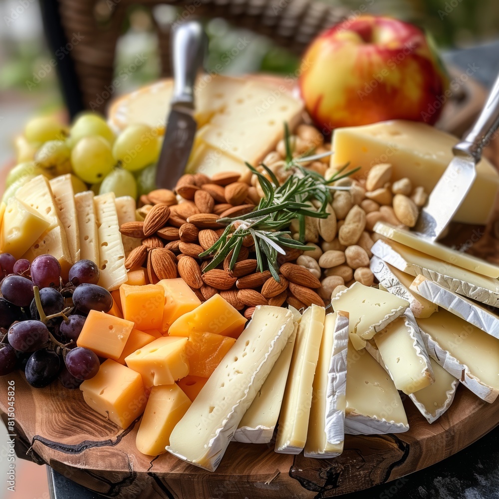 Fototapeta premium Gourmet Cheese Board Arrangement with Nuts and Fruit for Elegant Entertaining