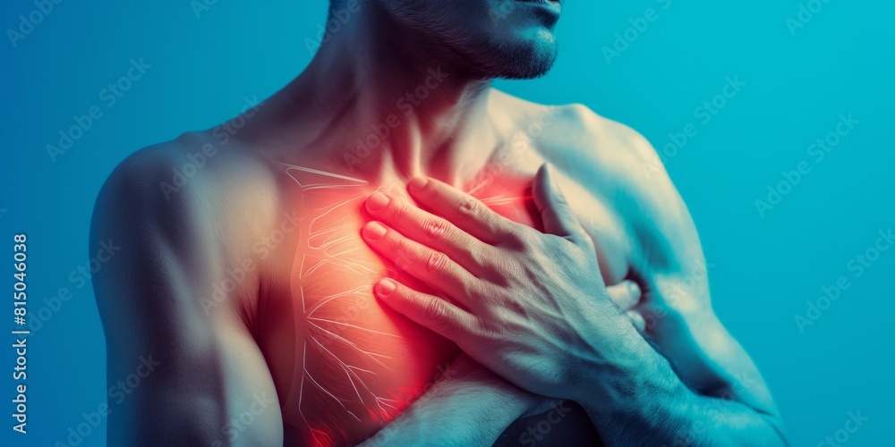 A conceptual image of a male model clutching his chest with a highlighted heart, depicting health issues A conceptual image of a male model clutching his chest with a highlighted heart, depicting health issues