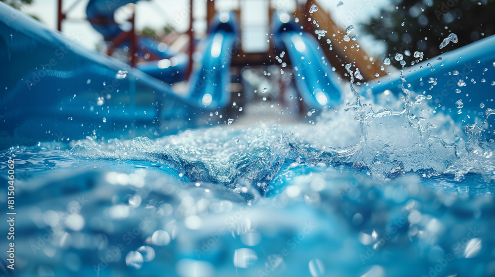 Close-up of water splashing on a bright blue pool slide, action shot Close-up of water splashing on a bright blue pool slide, action shot