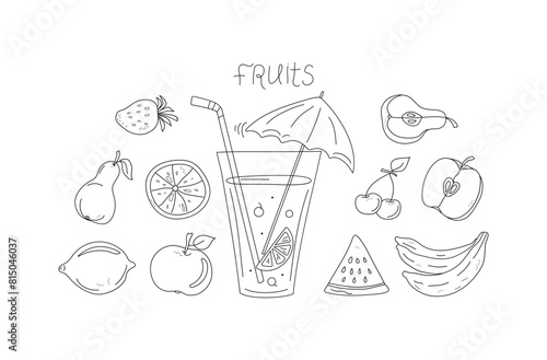 Juice in glass, fruit cocktail. Set of abstract fruits. Juicy fruits whole and slices. Food and drinks. Abstract drawings of fruits and berries. Beach bar. Line icons. Scribble. Vector illustration