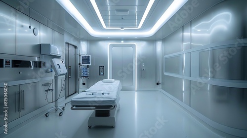 Wide-angle view of a pristine, high-tech surgical room showcasing a futuristic syringe used for complex operations, highlighted under bright, white lights.