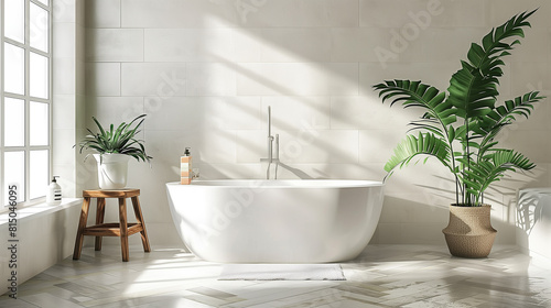Modern bathroom interior design often includes elements such as interior plants  bathroom accessories  and a bathtub.