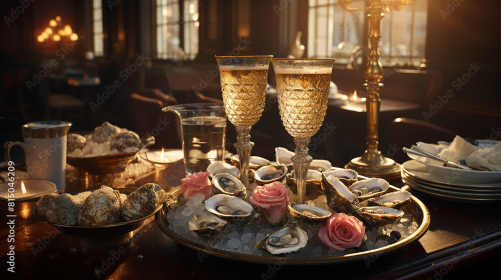 Fototapeta premium Fresh oysters with lime on a round plate. Oyster season. Macro-seafood dish. Oyster on the half shell.