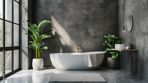 Modern Bathroom Interior  bathroom accessories   interior plants and bathtub