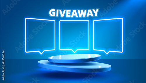 Giveaway neon podium, shop mega discount, special promo frame. Vector illustration