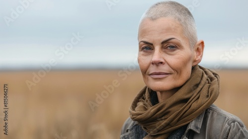 Portrait of hairless woman with alopecia standing on fall forest background exudes hope