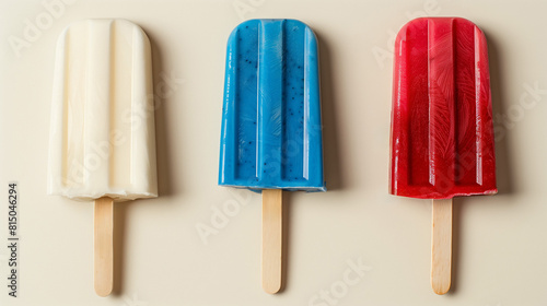Trio of popsicles in red, white, and blue, patriotic theme, isolated on a ivory background 