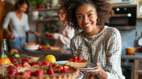 Woman smiling as she serves a slice of strawberry pie  family dinner table scene 