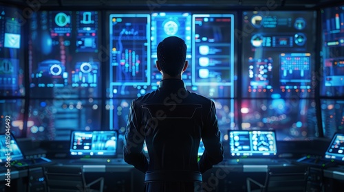 Male system security specialist, intense focus at system control center, glowing screens reflect dedication, embodiment of digital safeguarding, cool blue ambiance, professional, AI Generative © Business Pics