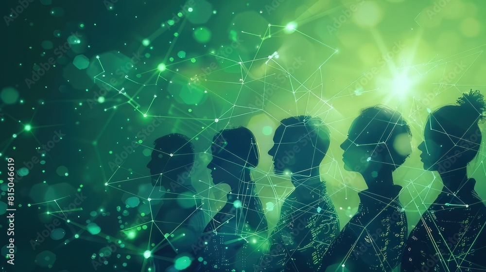 Obraz premium Silhouettes of business people, business network. Digital network team of people collaborating on brain storming new technology concepts and global success strategy ideas 