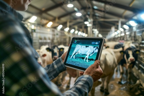 Modern Dairy Farming: Farmer Monitoring Cow Health with Digital Tablet