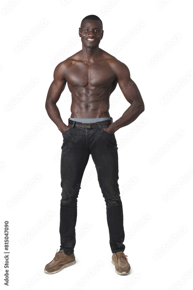portrait of shirtless man with hands in pockets on white background portrait of shirtless man with hands in pockets on white background