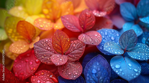 A macro closeup photo of multicolor leaves, top view of colorful fresh plant bush 