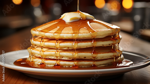 Sweet Homemade Stack of Pancakes with Butter and Syrup for Breakfast photo