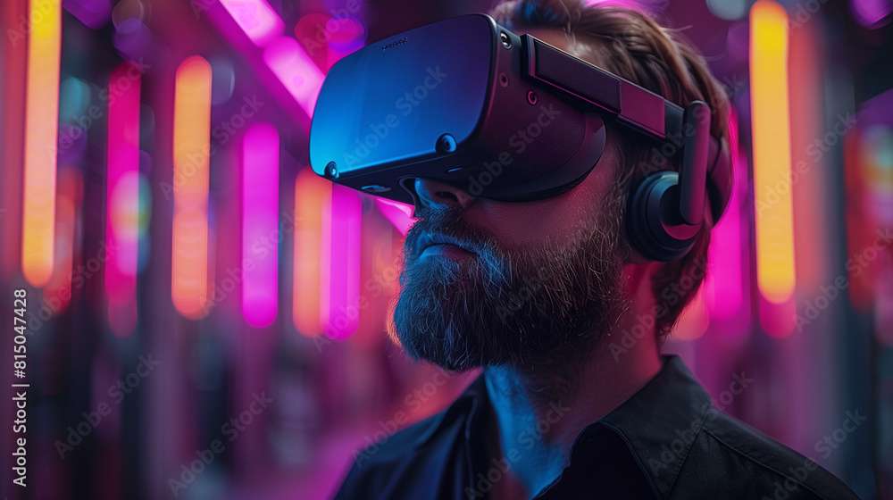 Man in VR glasses in neon space, digital world Man in VR glasses in neon space, digital world