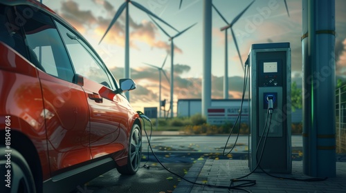 Refueling for cars e-mobility against the backdrop of wind farms, propellers. Charging an electric car at hybrid engine gasoline and electricity repair shop service garage. Generative AI technology.
