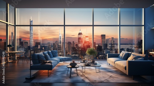 Modern living room with floor-to-ceiling windows offering a stunning panoramic view of the city skyline photo