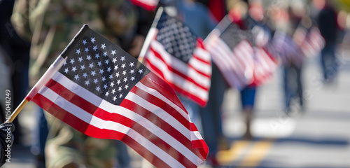 Small flags held by unseen parade-goers at a Veterans Day event, emphasizing unity. © Ikram