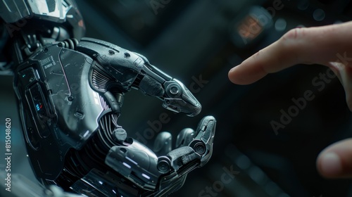 The human finger delicately touches the finger of a robot's metallic finger. Concept of harmonious coexistence of humans and AI technology, hyper realistic 