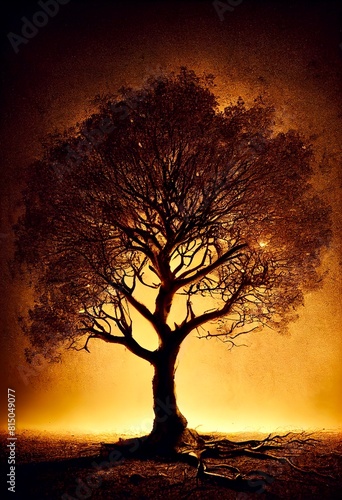 Silhouette of a mystical glowing tree against the sun