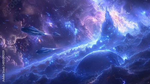 starships on a distant planet surrounded by stars and lightning 