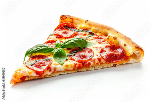 a slice of pizza with pepperoni and basil on top