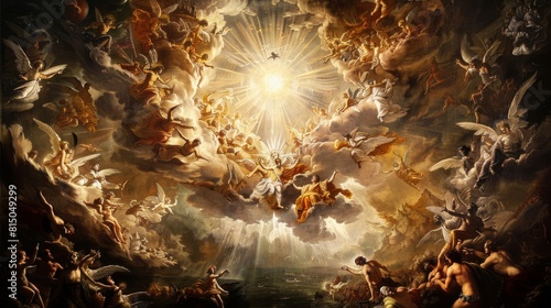 A painting of a heavenly scene with angels and a sun
