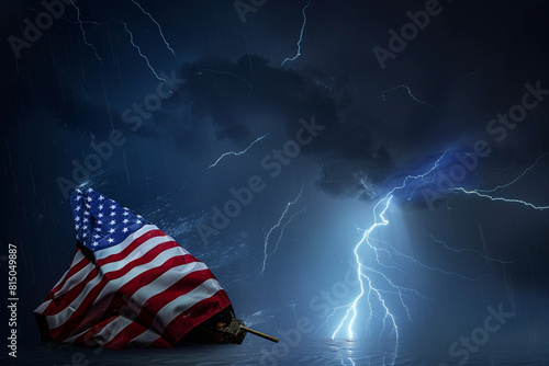 Stormy Memorial Day scene with an American flag in praying soldier form, lightning backdrop. photo