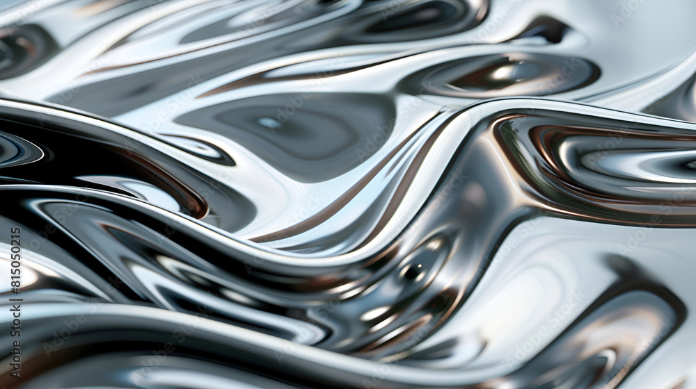 Black and white image of fluid, reflective silver waves , organic shape made from glossy glass material, with a soft white background that enhances the reflective and wavy textures of its surface Black and white image of fluid, reflective silver waves , organic shape made from glossy glass material, with a soft white background that enhances the reflective and wavy textures of its surface