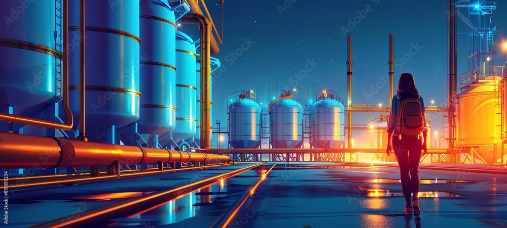 Industrial woman. A girl on the territory of the manufactory. Engineer near the night factory. Industrial high pressure tanks. Chemical factory. Female industrial engineer.