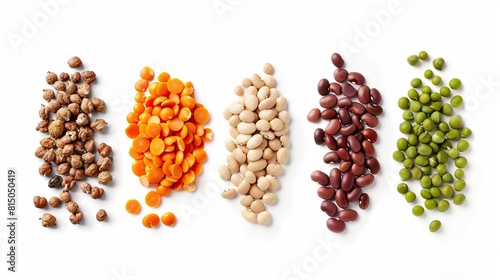 Variety of legumes arranged on a white background. photo