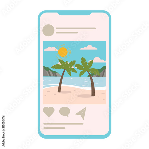 Social media profile page on mobile phone. Social media page with picture from vacation on smartphone. Travelling concept. Vector illustration in flat design style