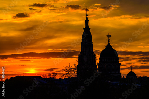View of the Annunciation cathedral against sunset. Kharkiv, Ukraine