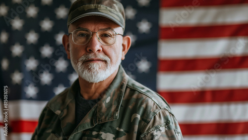 elderly veteran war hero senior latin hispanic american male old man on the background of the American flag	