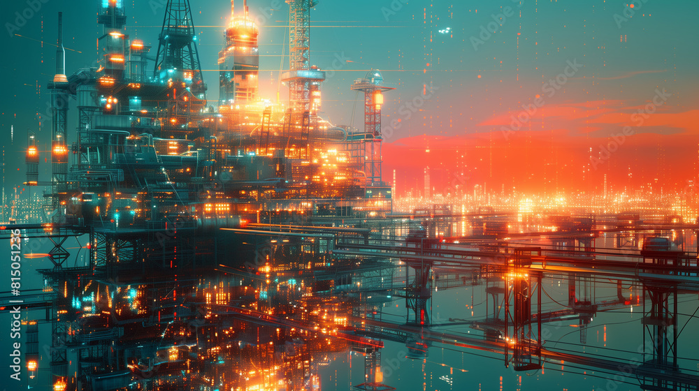 Obraz premium Futuristic cityscape with glowing structures at dusk.