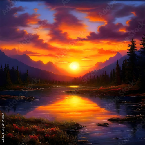 Serene Sunrise Over the Mountains welcomes you to a world where the first light kisses the peaks  casting a golden glow across the landscape. Majestic Redwood Forest beckons with its towering giants  
