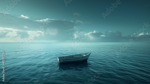 A lone boat floating on a tranquil ocean under a cloudy sky.