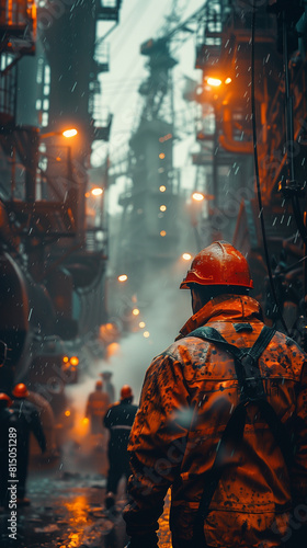 Worker in helmet in industrial environment during rainy weather.