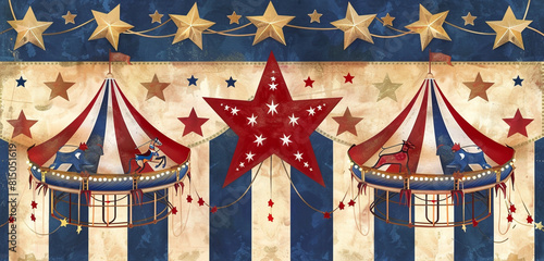 Memorial Day carnival theme banner featuring carousel stars and tent-like stripes.