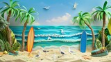 Vibrant Paper-Crafted Beach Scene with Palm Trees and Surfboards