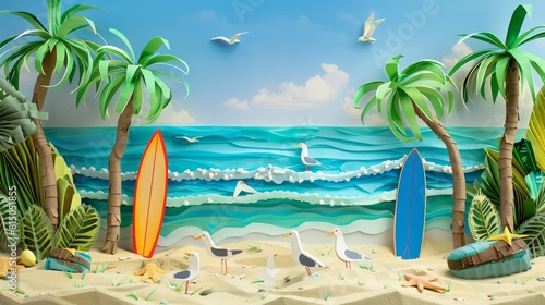 Vibrant Paper-Crafted Beach Scene with Palm Trees and Surfboards photo
