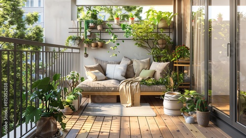 A Scandinavianstyle balcony with cozy textiles, wooden decking, and potted plants creating a serene outdoor retreat