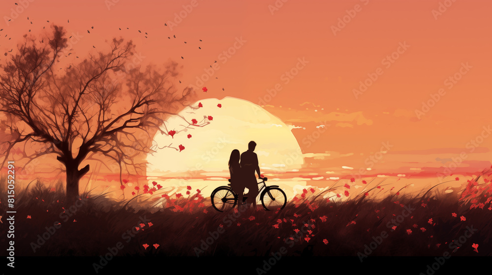 Silhouetted figures in nature: a couple with bike, looking against the sunset sky. Generative AI Silhouetted figures in nature: a couple with bike, looking against the sunset sky. Generative AI