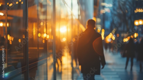 A serene sunset casts warm light on a city street, with silhouettes of people walking, creating a blurred, bokeh effect
