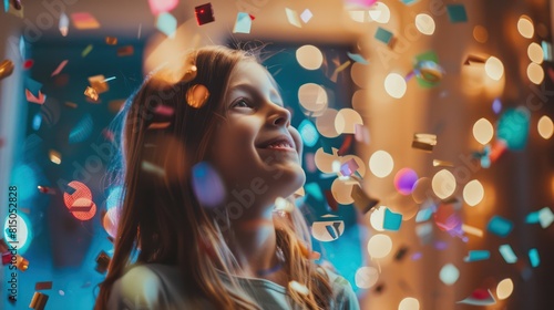 A joyful scene with a woman in focus amidst a vibrant celebration with confetti, colorful lights, and a bokeh effect photo