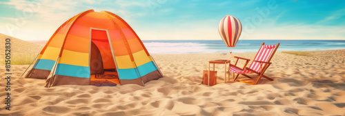 tent on the beautiful beach and sky background. Ai generative.