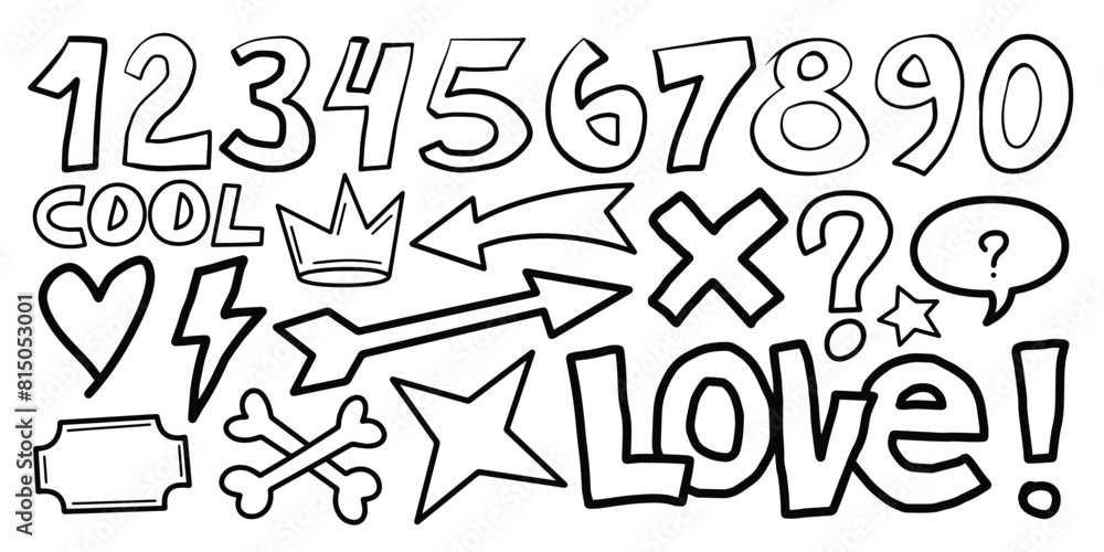 A set of doodles. Hand-drawn cute cartoon pencil sketches of decorative icons. Vector illustration. A set of doodles. Hand-drawn cute cartoon pencil sketches of decorative icons. Vector illustration.