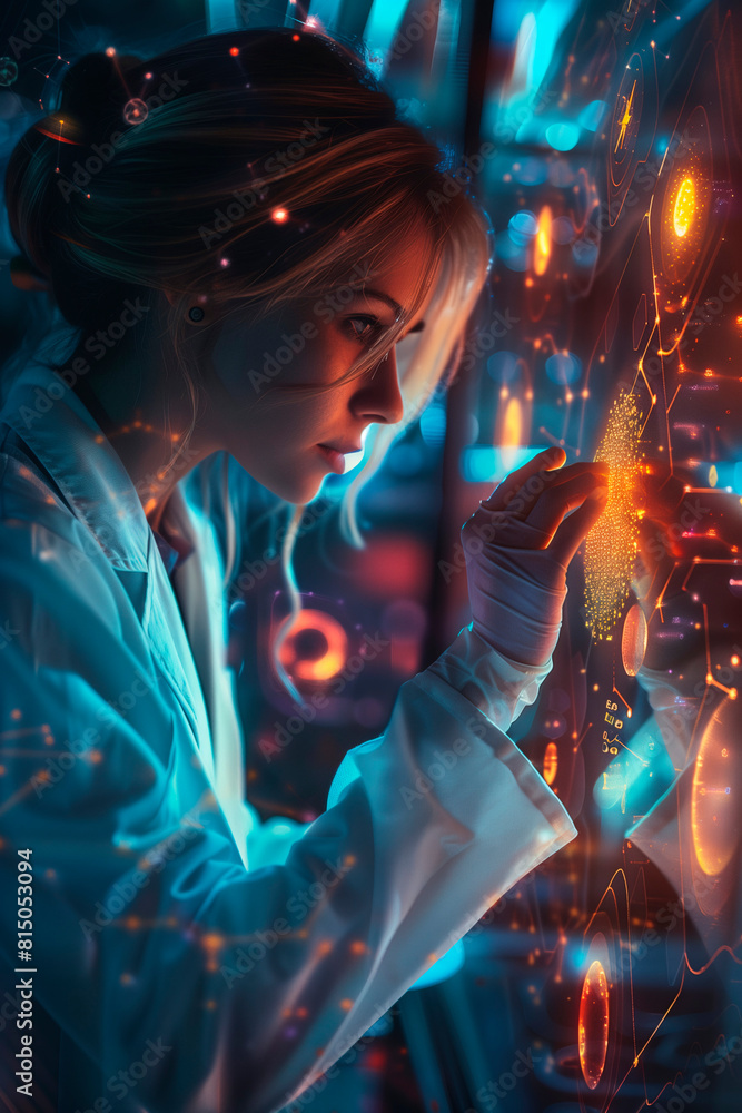 A scientist woman conducts research on large technological screen. High technology in professional scientists' laboratory. A scientist woman conducts research on large technological screen. High technology in professional scientists' laboratory.