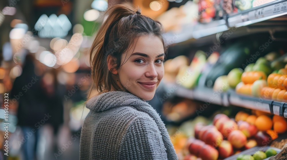 A cheerful young woman glances back while shopping for fresh fruits in a vibrant market setting A cheerful young woman glances back while shopping for fresh fruits in a vibrant market setting