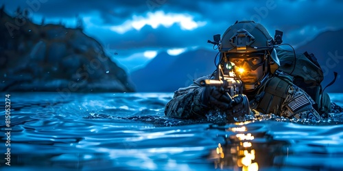 Navy SEAL with AR emerges from the ocean at night with a mountain backdrop. Concept Military Action, Night Operation, Navy SEAL, AR, Mountain Landscape photo